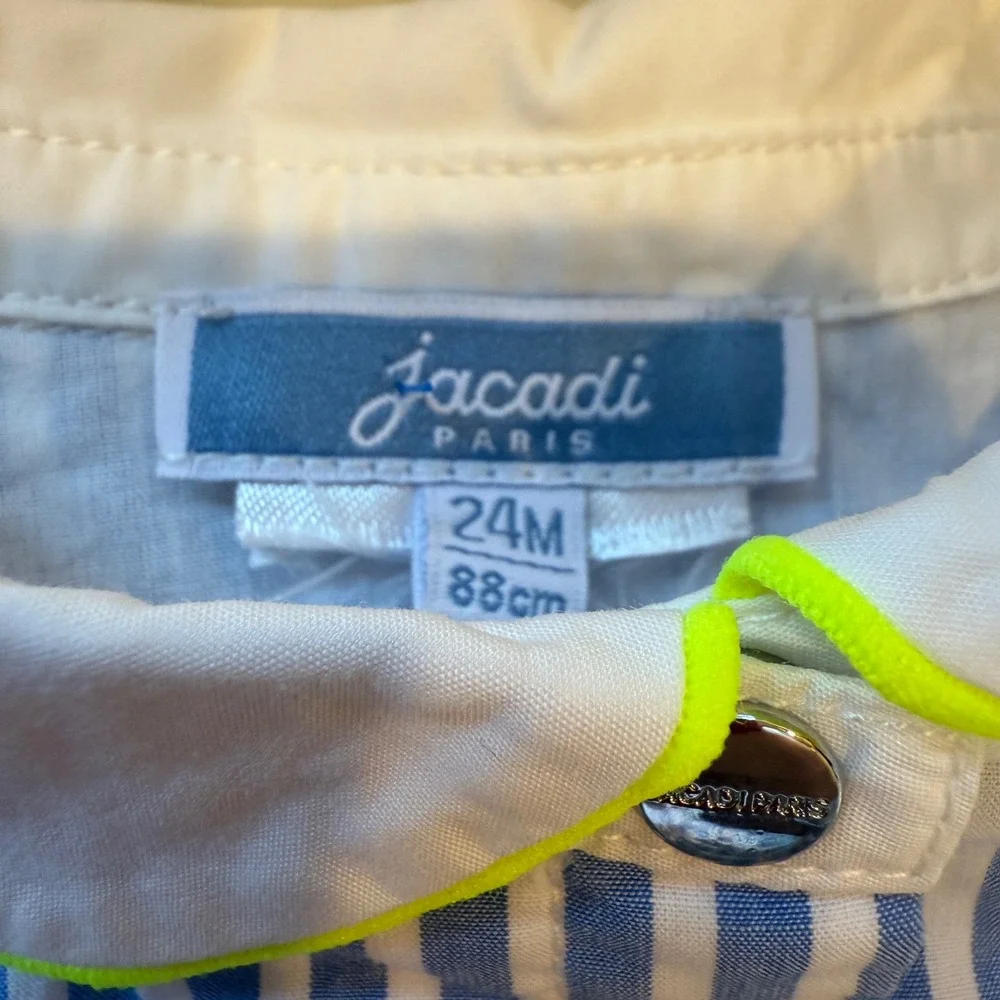 Jacadi Paris Girls Dress 24M Blue Striped Heart Flower Short‎ Sleeve Collar